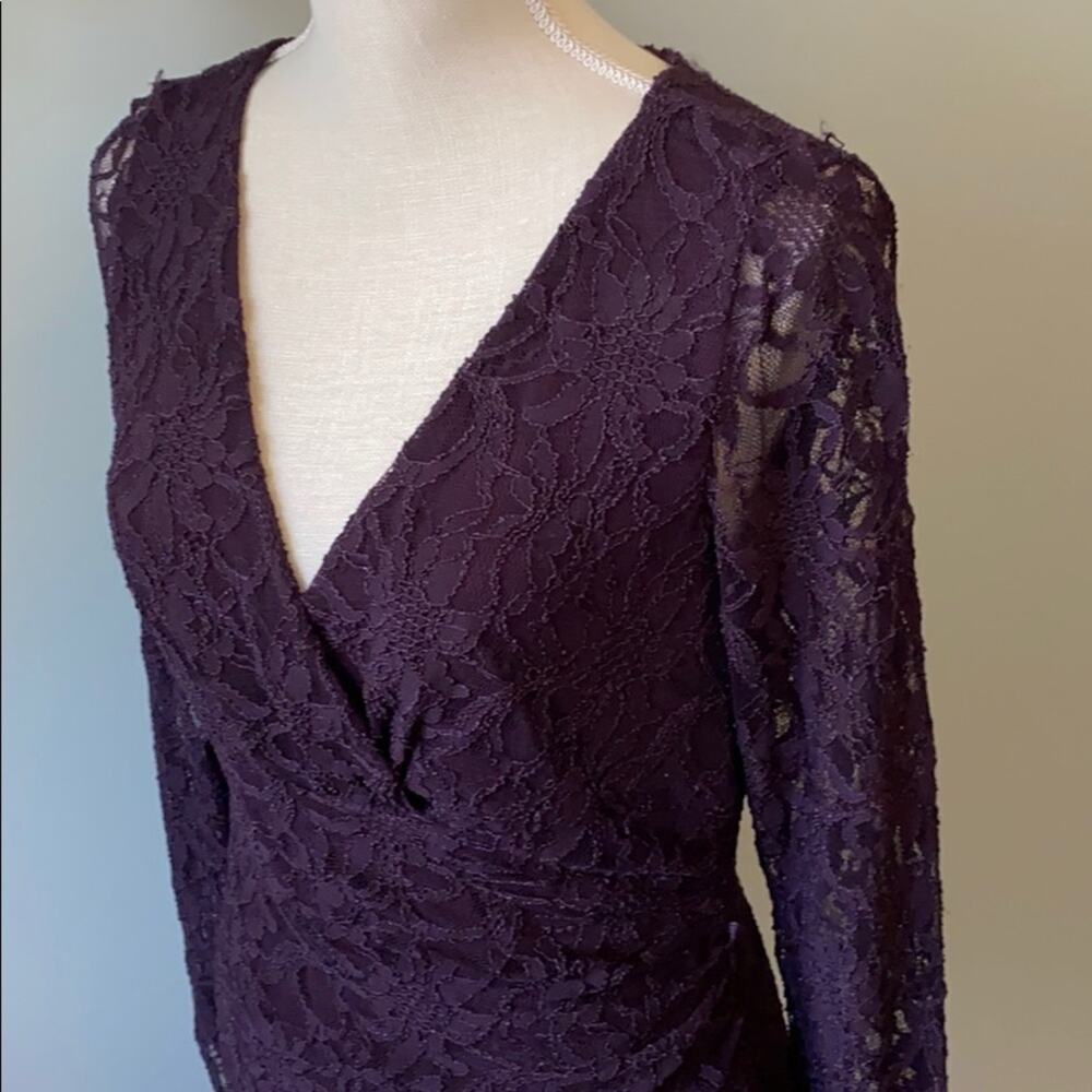 Plum Lauren Ralph Lauren Lace Front Wrap Opening Dress with Long Sleeves Size 10